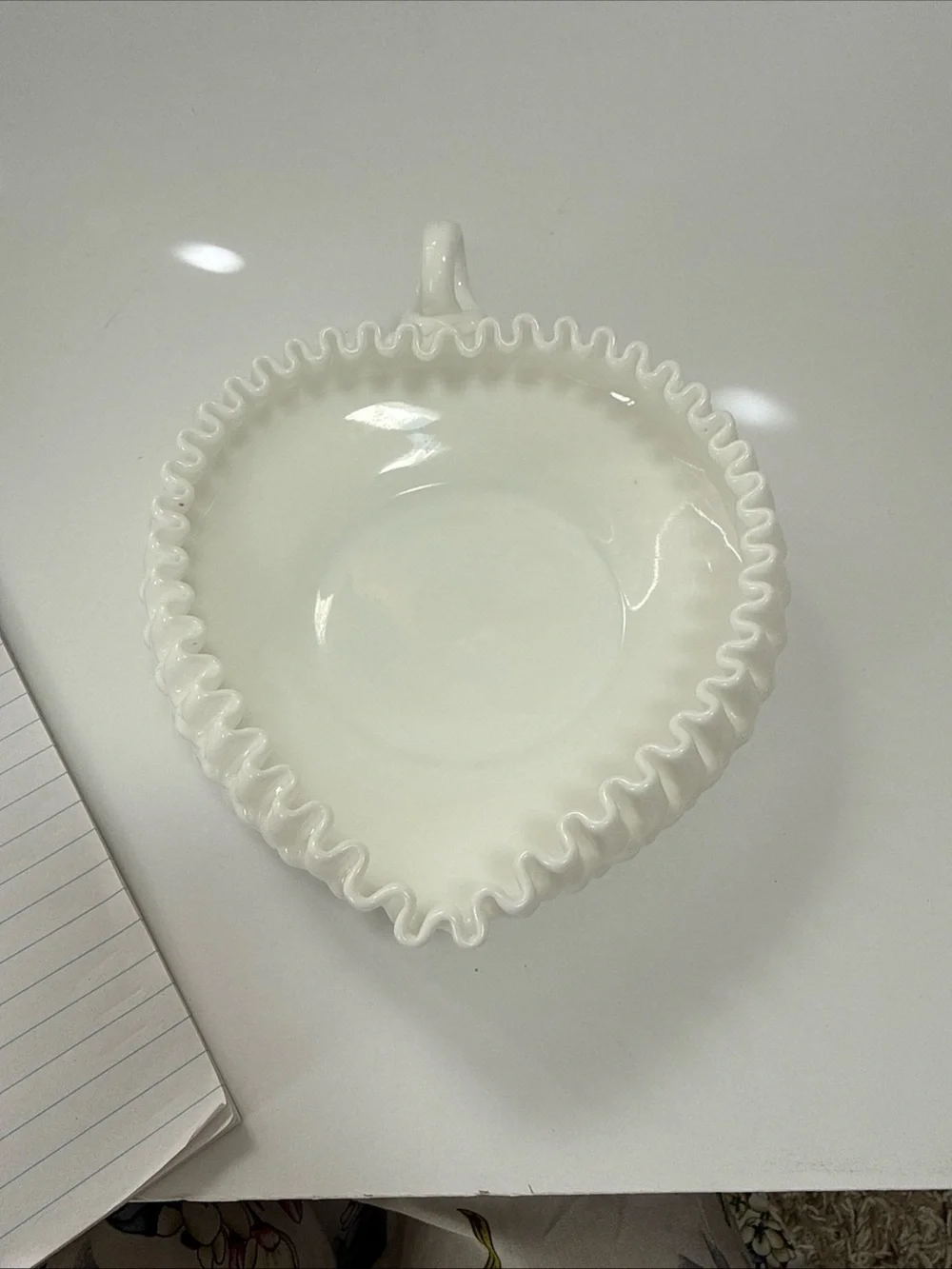 White Ruffled Milk Glass heart shaped vintage